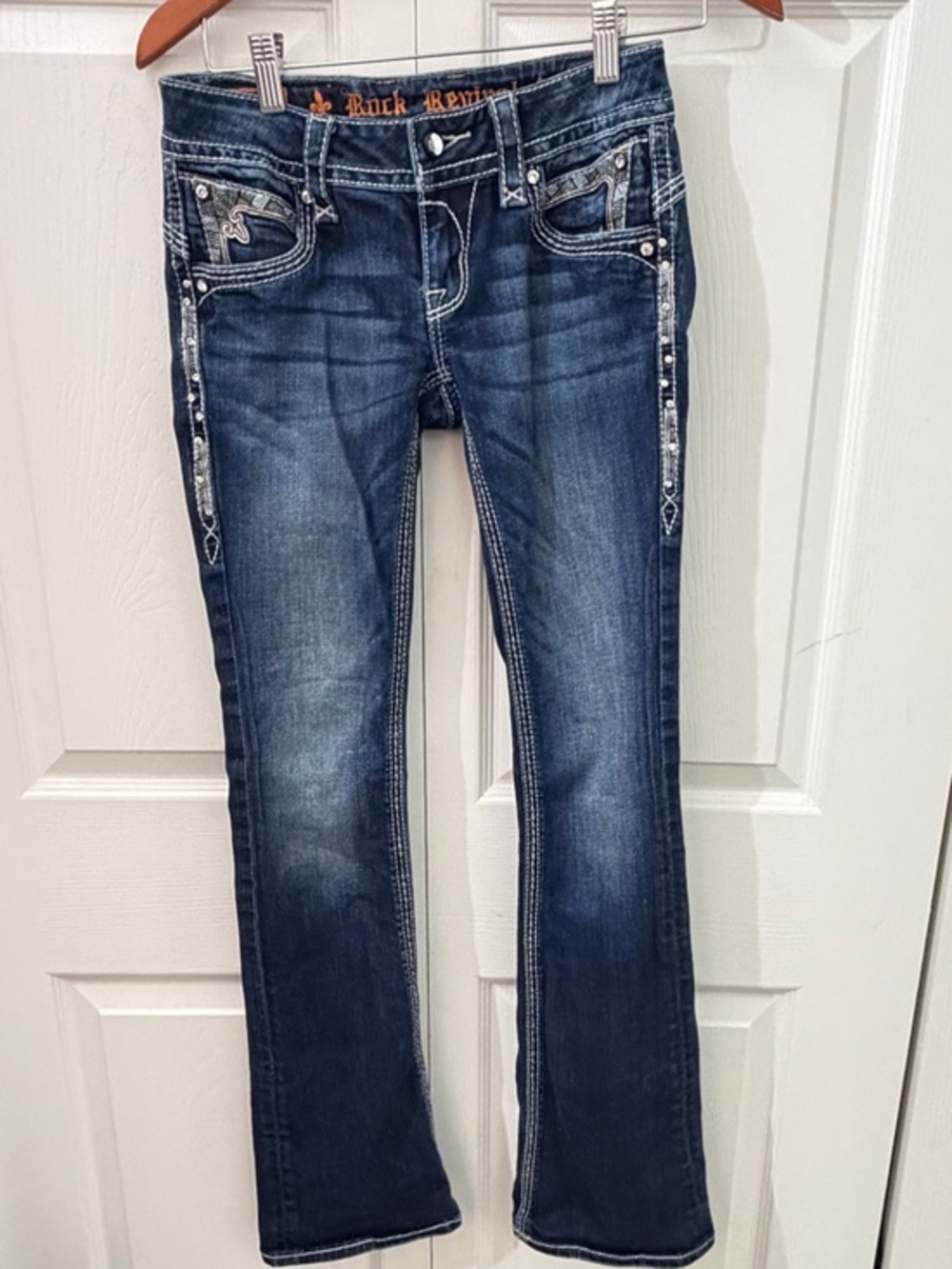 Rock Revival Stephanie Bootcut Jeans Size 25 Rhinestone Embellished Low Rise